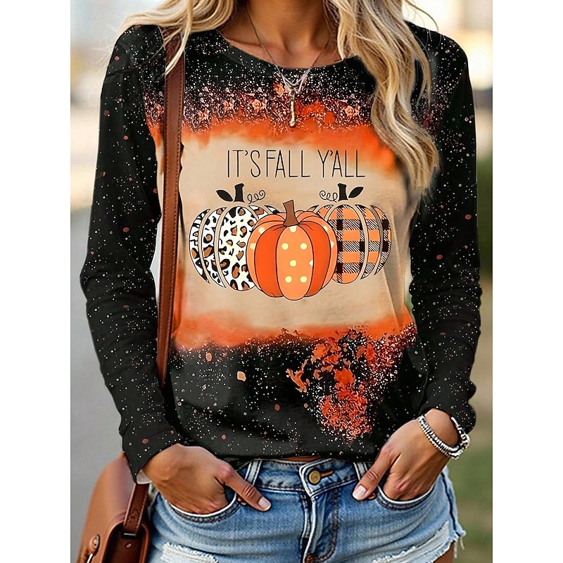 Halloween Women's T shirt Pumpkin Graphic Vintage Fashion Casual Long Sleeve Crew Neck Regular Tops Daily Weekend Print Black Yellow Purple Orange Fall Winter3