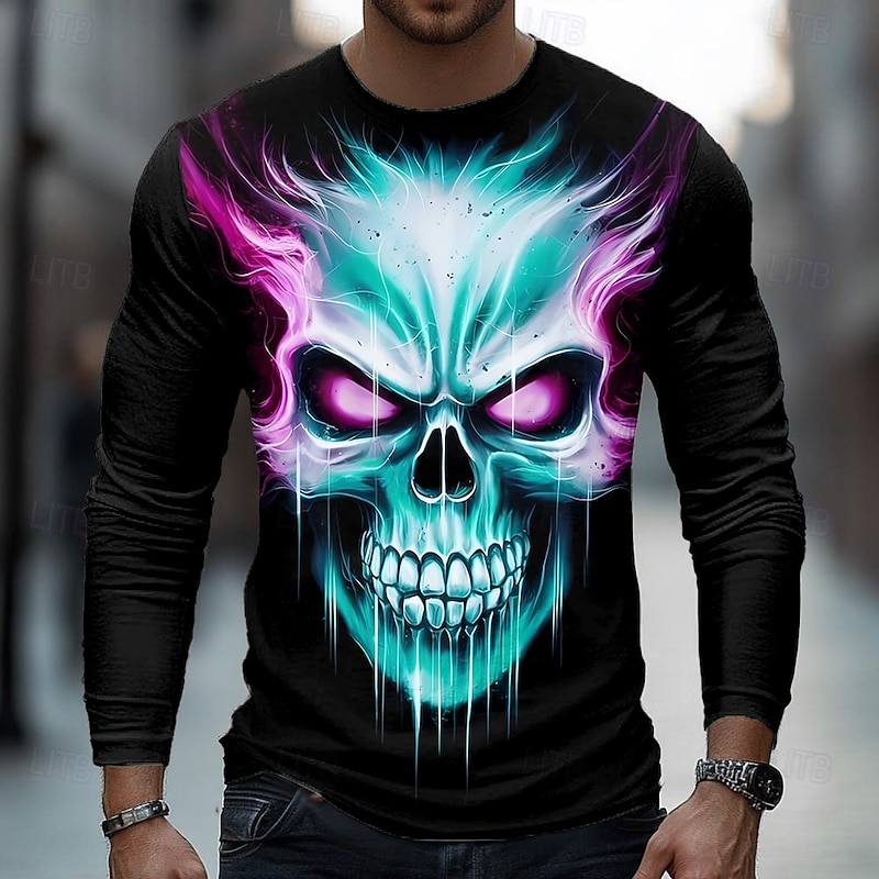Halloween Men's Skull 3D T Shirt Long Sleeve T shirt 3D Print Crew Neck Shirt Fashion Exaggerated Street Casual Daily Lake Blue Blue Green Summer Spring Fall Clothing Apparel S M L XL XXL XXXL2