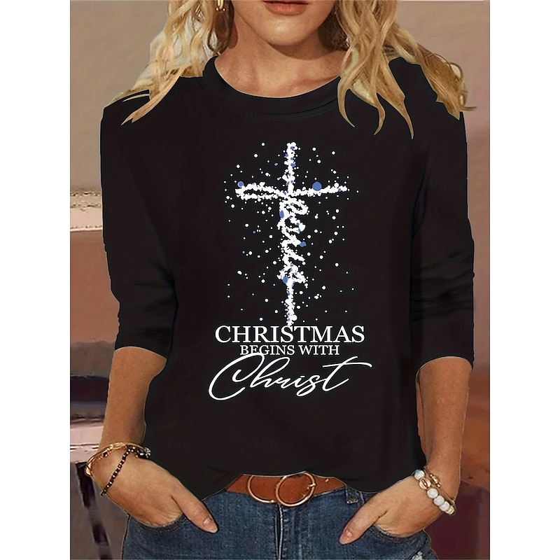 Christmas Women's T Shirt Graphic Letter Snowflake Vintage Fashion Stylish Long Sleeve Crew Neck Regular Tops Daily Weekend Print Black Yellow Red Green Gray Spring Fall Winter3