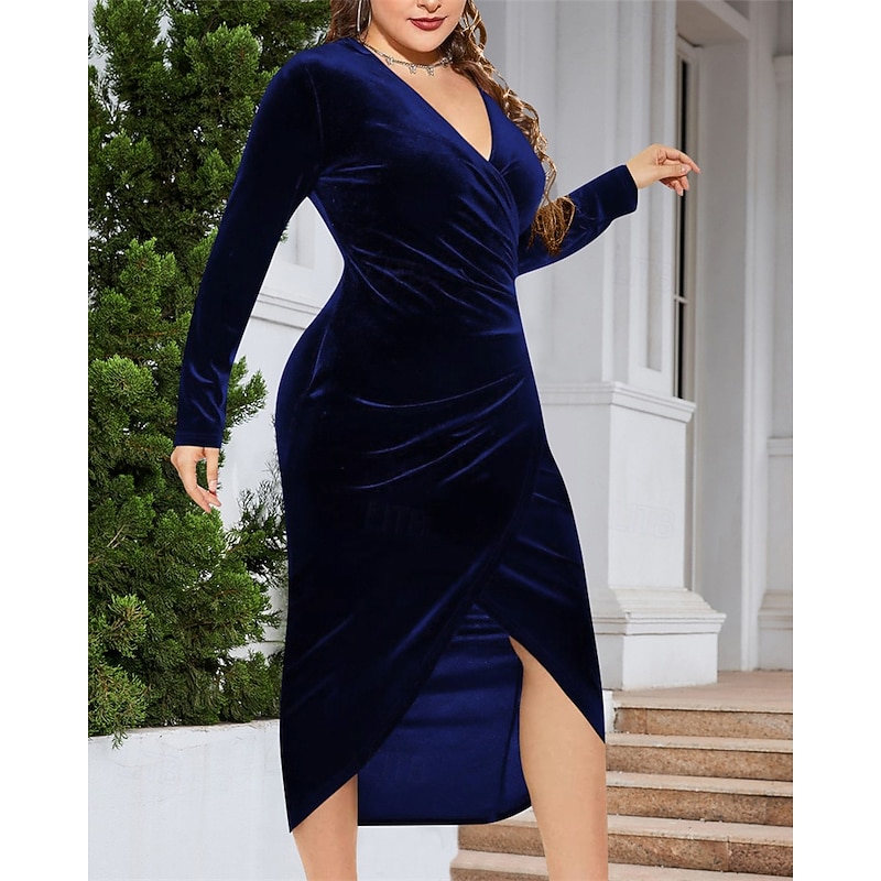 Women's Midi Dress Velvet Dress Cocktail Dress Elegant Fashion Modern Evening Party Date Weekend Regular Fit Plain Long Sleeve V Neck Blue Spring Fall4