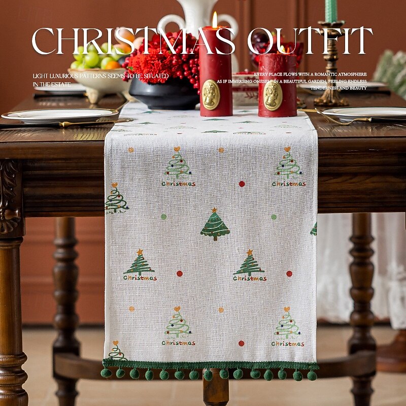 New Christmas Pine Table Runner, Home Decoration, Printed Heat-Resistant Faux Linen Dining Table Cloth, Long Table Mat2
