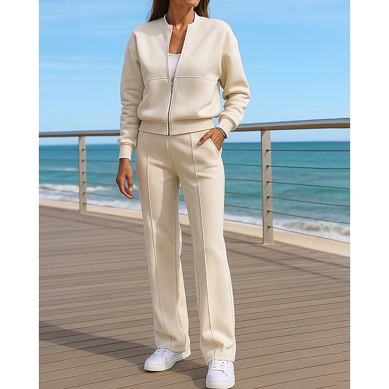 Women's 2 Piece Outfits Lounge Sweatsuit Pocket Solid Colored Clothing Suit Fall Black White Spandex Outdoor Travel Sports Moisture Wicking Long Sleeve Sport Activewear Micro-elastic Regular Fit3