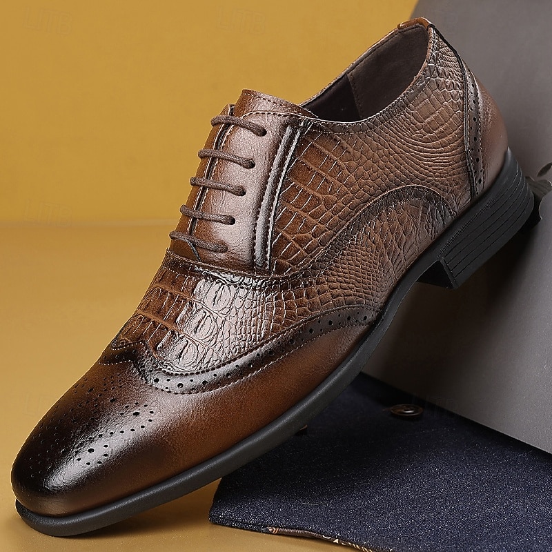 Men's Brown Crocodile Pattern Faux Leather Oxford Shoes – Classic Lace-Up Dress Shoes for Business, Weddings and Formal Parties