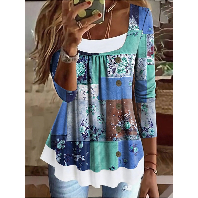Women's T Shirt Floral Graphic Vintage Stylish Classic Long Sleeve Square Neck Long Tops Daily Weekend Patchwork Buttons Print Red Blue Purple Green Spring Fall Winter2