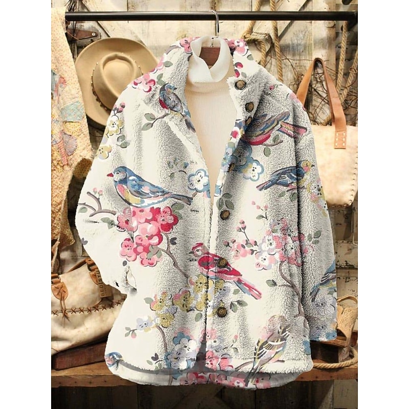 Women's Fleece Jacket Casual Jacket Comfortable Breathable Pocket Print Casual Floral Vacation Street Casual Daily Wear Zipper Regular Turndown Regular Fit Long Sleeve Outerwear Pink Fuchsia Khaki