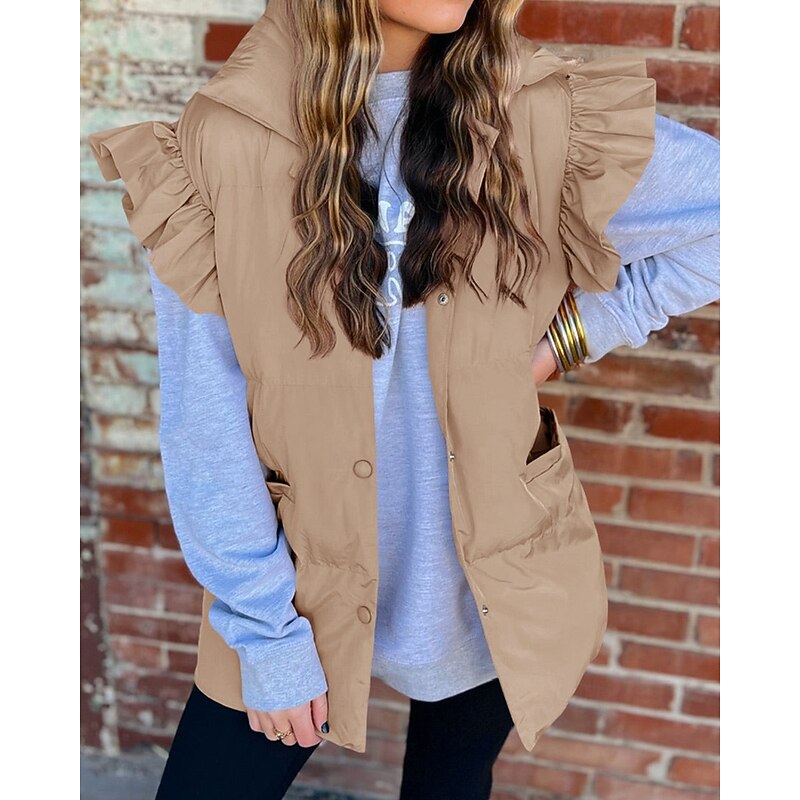 Women's Vest Warm Comfortable Pocket Buttons Casual Plain Vacation Street Daily Wear Going out Regular Stand Collar Regular Fit Sleeveless Outerwear Black Pink Brown Fall Winter2