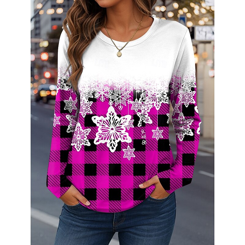 Women's T Shirt Graphic Plaid Snowflake Vintage Fashion Stylish Long Sleeve Crew Neck Regular Tops Daily Weekend Print Red Blue Purple Green Spring Fall Winter3