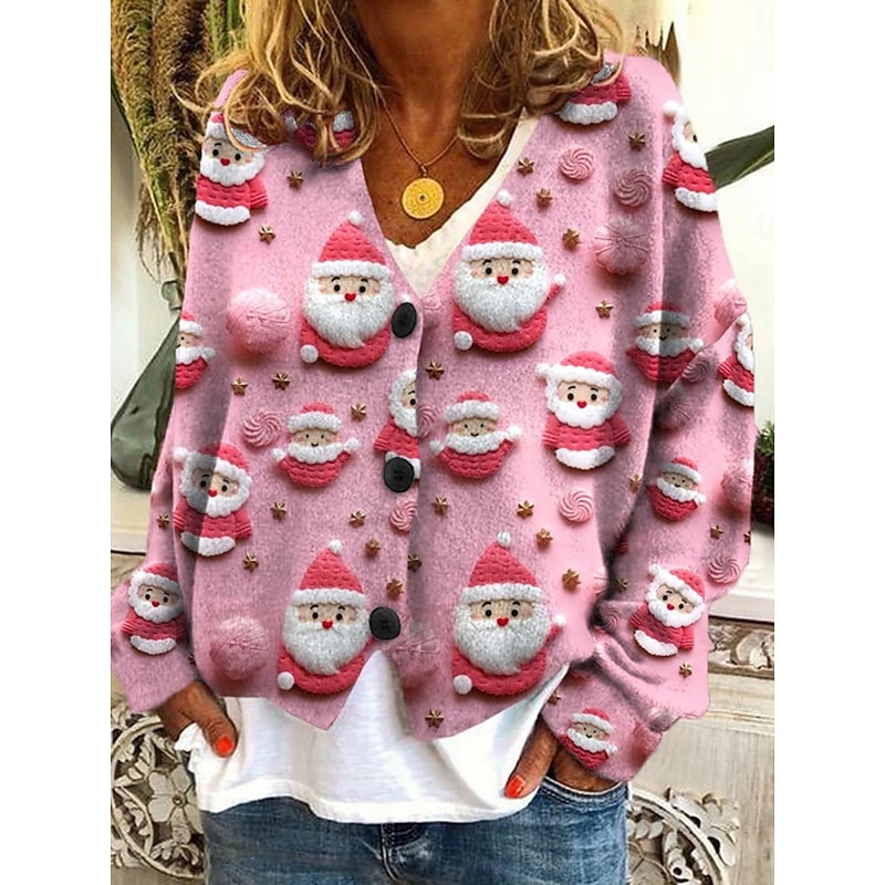 Women's Sweater Cardigan Casual Soft Santa Claus Snowflakes Ribbed V Neck Knitted Long Sleeve Regular Tops Knit Christmas Outdoor Daily Pink Blue Fall Winter2