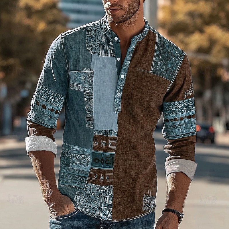 Men's Geometric Color Block Patchwork Shirt Henley Shirt Stand Collar Shirt Long Sleeve Vintage Retro Vacation Casual Summer Spring Mandarin Buttons Linen Like Shirt Wine Blue Purple Brown4