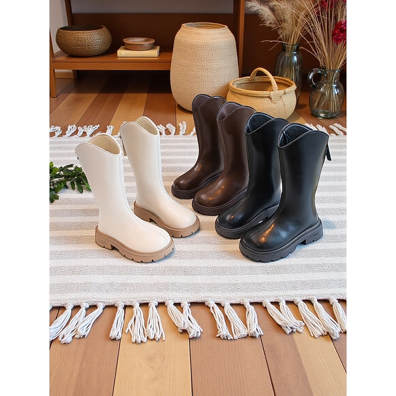 Korean Idol Inspired Pop Star Costume Shoes Girls' White Faux Leather Knee-High Boots with Side Zipper and Chunky Sole for Dance Performances and Casual Wear2