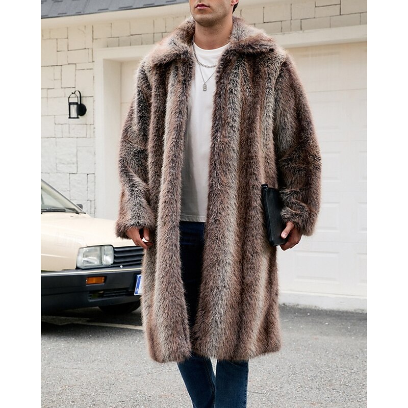 Men's Casual Jacket Faux Fur Coat Vacation Daily Thermal Warm Plush Fall Winter Plain Fashion Streetwear Lapel Long Brown Jacket4