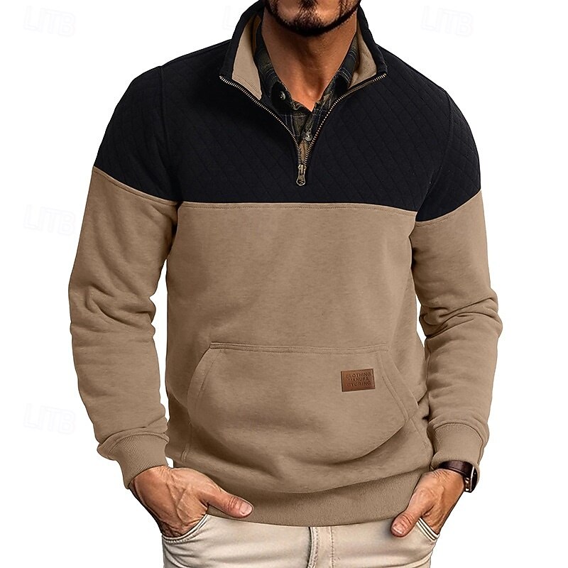 Men's Sweatshirt Waffle Sweatshirt Pullover Hoodie Sweatshirt Pullover Quarter Zip Sweatshirt Army Green Burgundy Royal Blue Brown Khaki Standing Collar Plain Patchwork Sports & Outdoor Casual Daily3