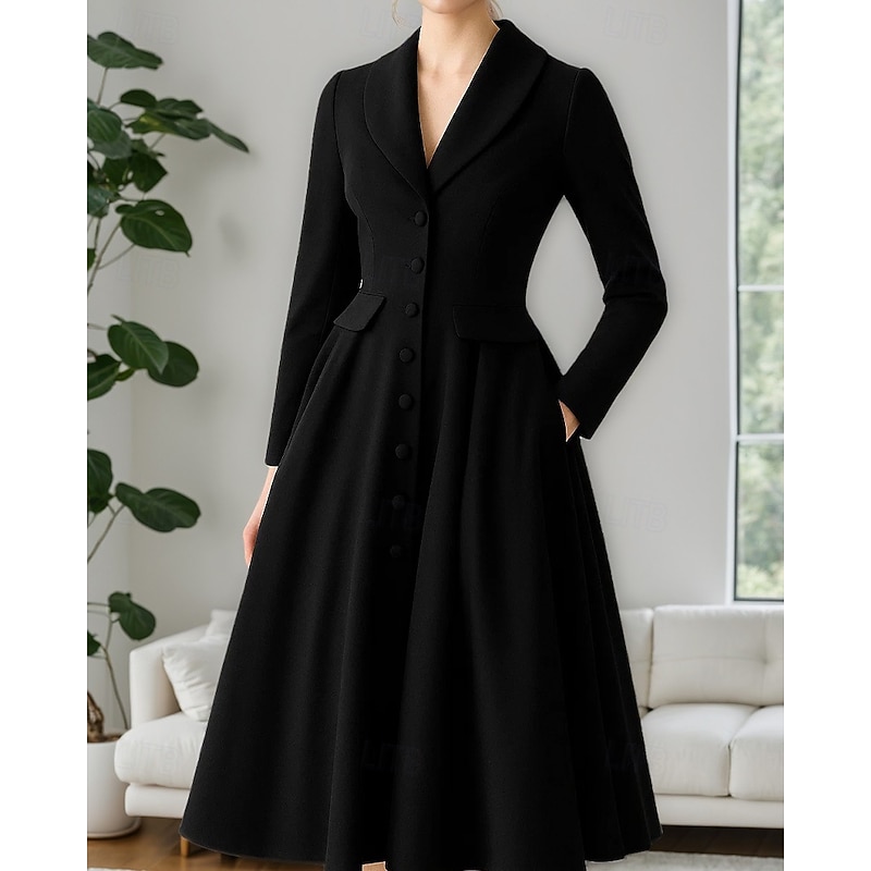 Tuxedo Dress Formal Wedding Wedding Guest Twill Suit Fabric Elegant Formal Long Sleeve Pleated Midi Length Shawl Lapel Single Breasted