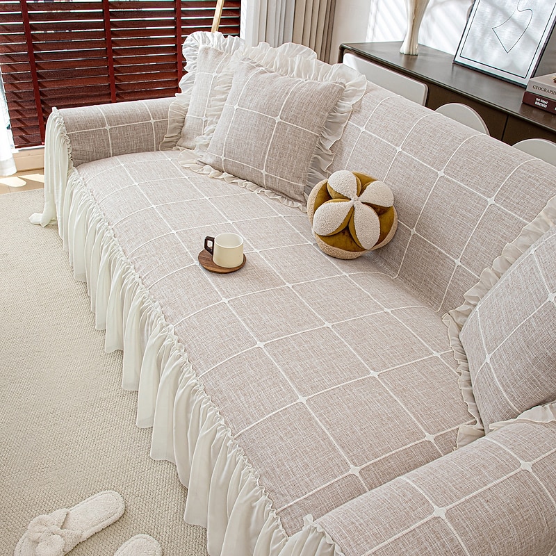 Skirt Edge Sofa Towel, Printed Dustproof Non-Slip Slipcover, Elegant and Simple Sofa Protector for 1-4 Cushion and L-Shaped Sofas, Easy to Install