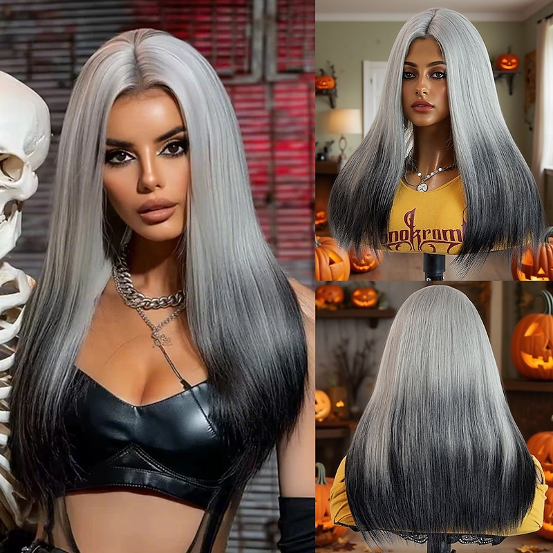 Synthetic Lace Wig Straight Style 18 inch Dark Gray Middle Part U Part Wig Women's Wig Silver grey