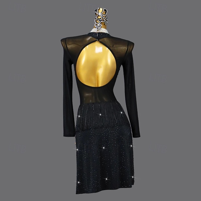 Latin Salsa Dance Dress Rhinestone Tassel Splicing Women's Performance Party Long Sleeve Mesh Spandex3