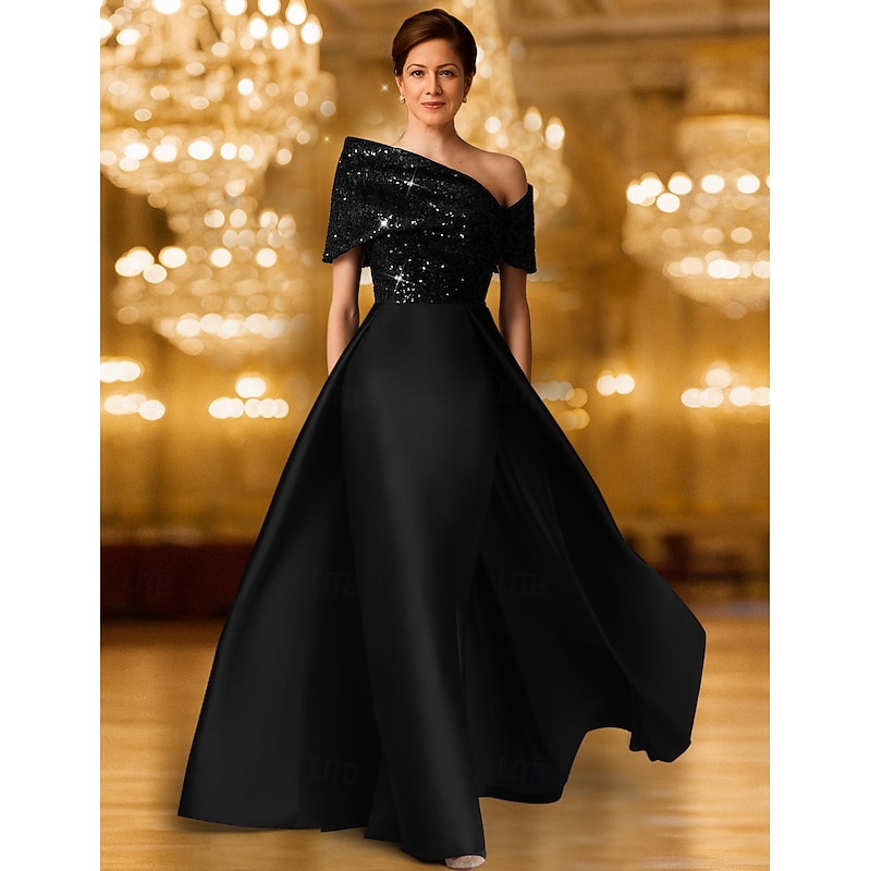 Red Black A-Line Evening Gown Elegant Dress Formal Wedding Floor Length Short Sleeve One Shoulder Satin with Glitter 20252