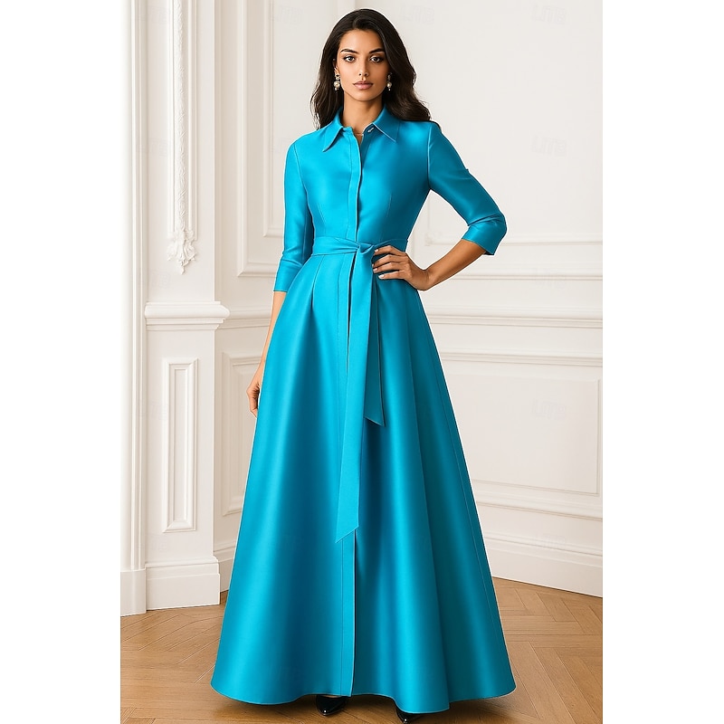 A-Line Mother of the Bride Evening Gown Elegant Dress Formal Wedding Guest Floor Length Half Sleeve Lapel Pocket Stretch Satin with Bow(s) Pocket Strappy - Main Image