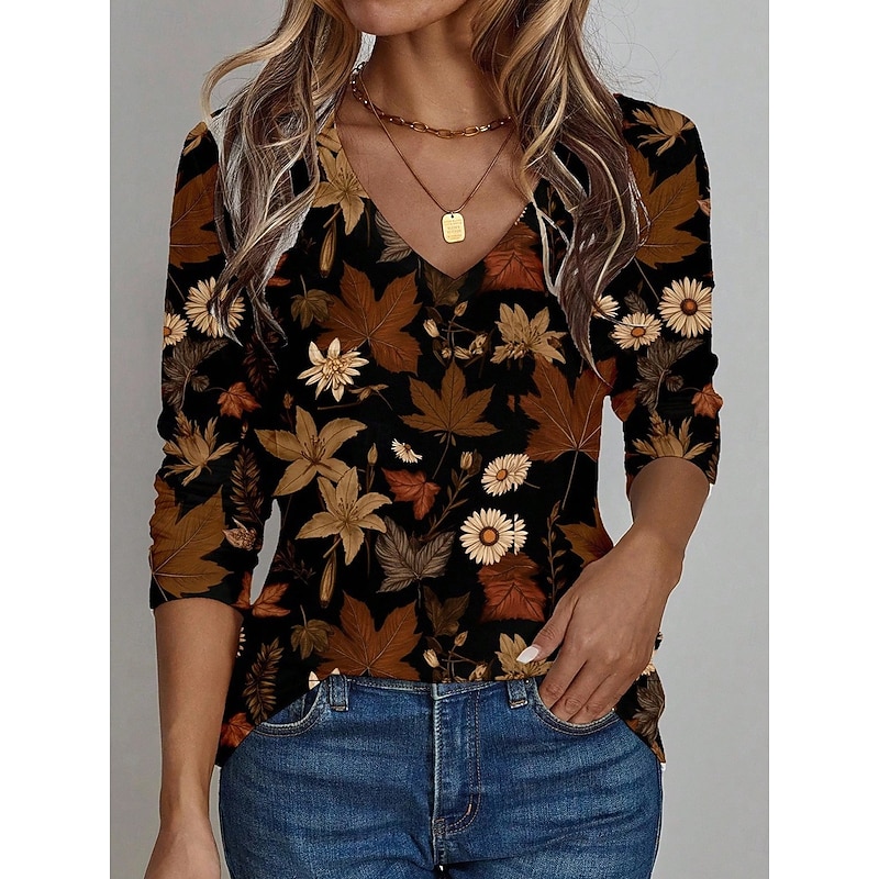Women's T Shirt Floral Graphic Plants Vintage Stylish Classic Long Sleeve V Neck Regular Tops Daily Print Blue Orange Brown Khaki Spring Fall Winter3