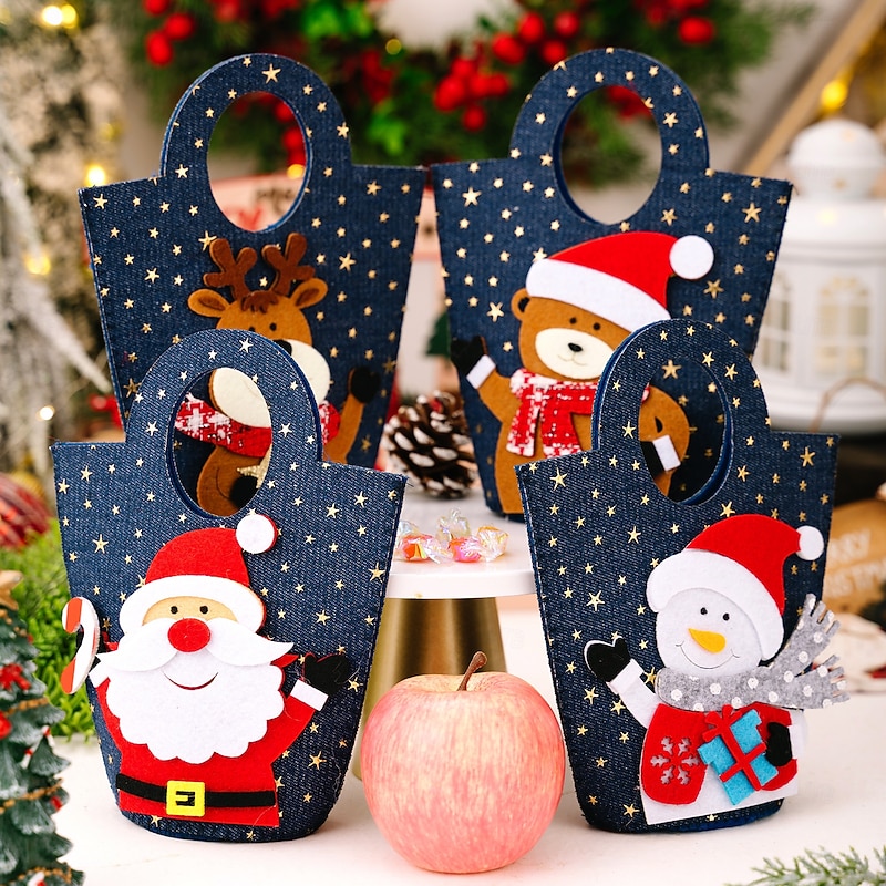 Christmas Denim Gift Bags, Creative Cartoon Tote Bags for Kids & Adults, Holiday Candy Bags and Handheld Party Favor Bags