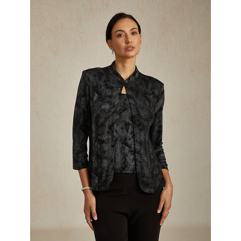 Women's Blouse Dressy Tops Elegant Stylish 3/4 Length Sleeve Mandarin Collar Regular Tops Wedding Guest Work Formal Wear Black Fall Winter