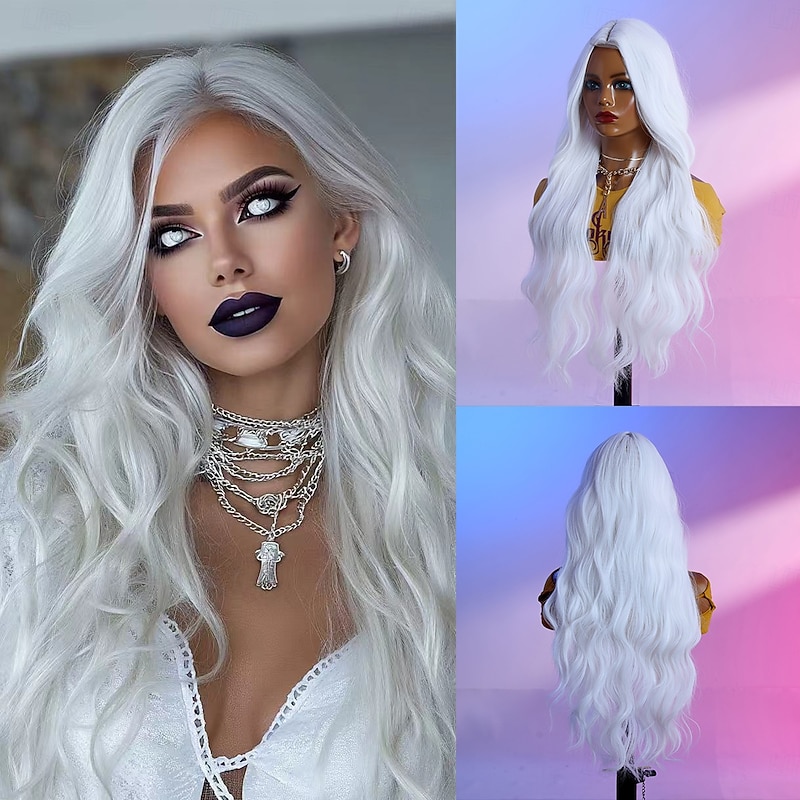 Synthetic Lace Wig Curly Style 28 inch White Middle Part U Part Wig Women's Wig White