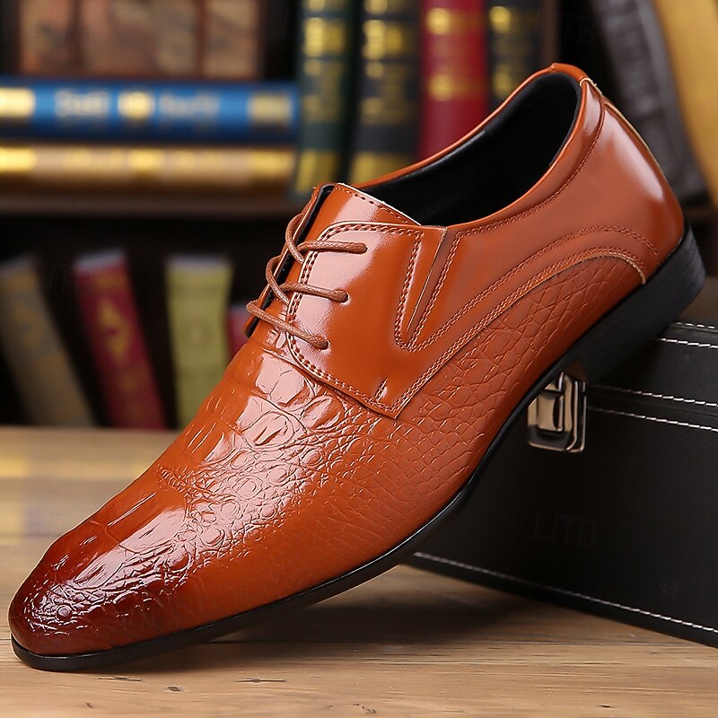Men's Glossy Brown Crocodile Pattern Leather Dress Shoes – Elegant Lace-Up Formal Shoes for Office Wear, Banquets and Evening Events