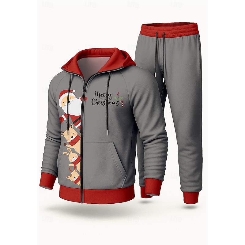 Christmas Men's Hoodie Tracksuit 2 Piece Tracksuit Drawstring Zip Up Letter Athletic Clothing Set Clothing Suit Fall Red Vocation Outdoor Travel Lightweight Fashion Long Sleeve Sport Activewear