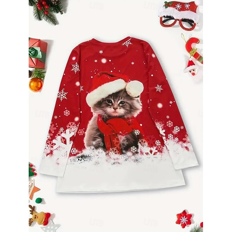 Christmas Women's T Shirt Graphic Animal Cat Fashion Casual Long Sleeve Crew Neck Regular Tops Daily Weekend Print Red Summer Spring Fall Winter2