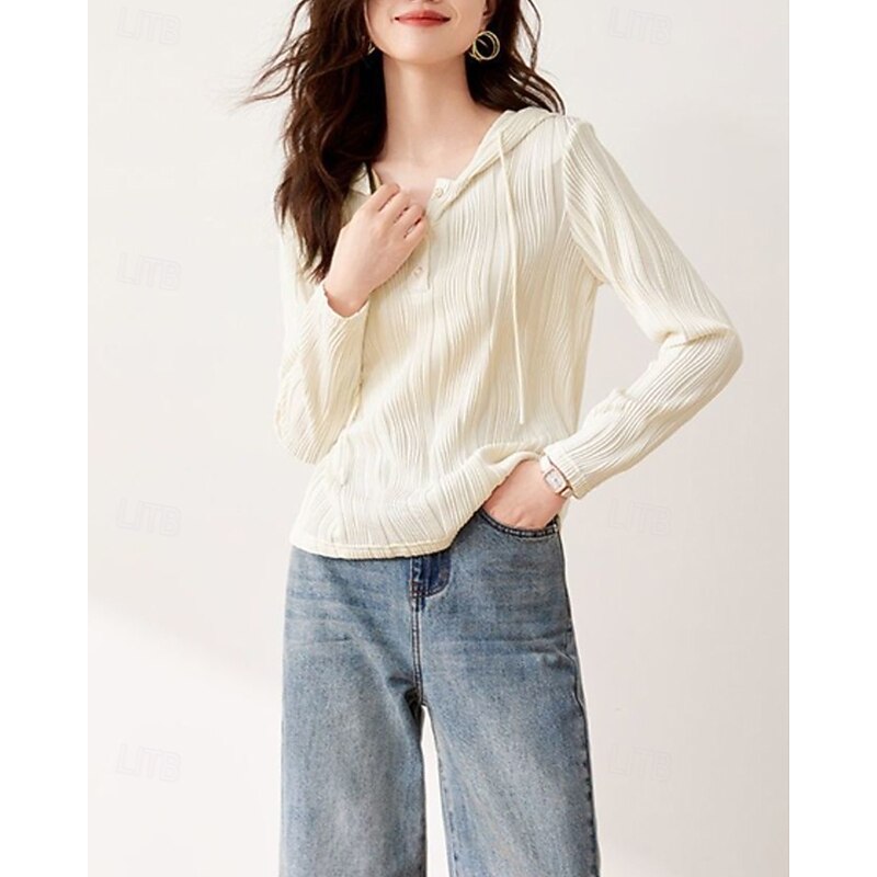 Women's Pullover Hoodie Sweatshirt Plain Casual Long Sleeve Hooded Regular Tops Street Holiday Buttons Beige Fall Winter3