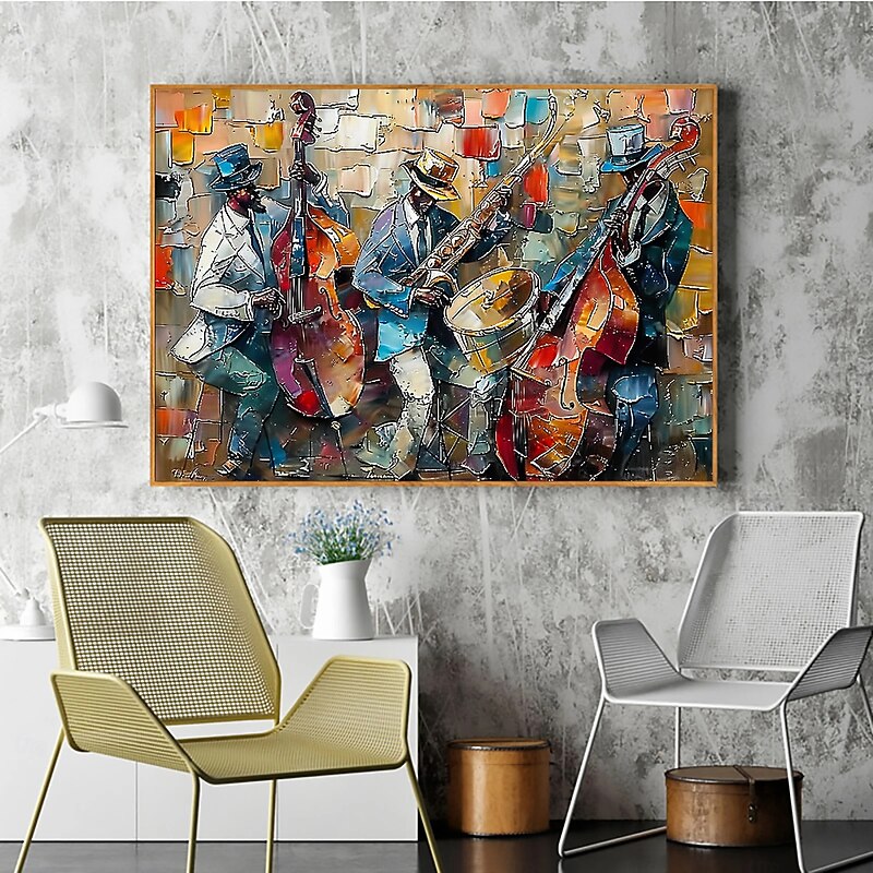 Large Abstract Jazz Band Oil Painting on Canvas Wall Art, Original Black Jazz Music Art Custom Painting Fashion Decor Living Room Home Decor3