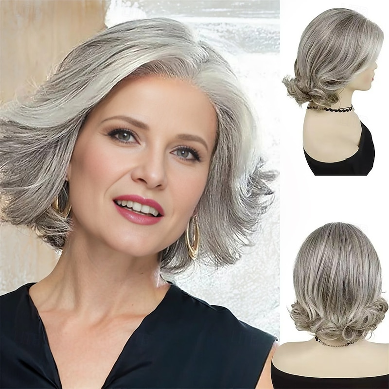 Women’s Silver Grey Short Layered Bob Wig Natural Looking Realistic Synthetic Hair Heat Resistant Side Part Elegant Daily Wear Fashion Style