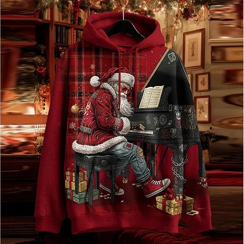 Women's Pullover Hoodie Sweatshirt Graphic Santa Claus Punk Active Vintage Long Sleeve Hooded Regular Tops Street Dailywear Print Front Pocket Wine Red Red White Spring Fall Winter3