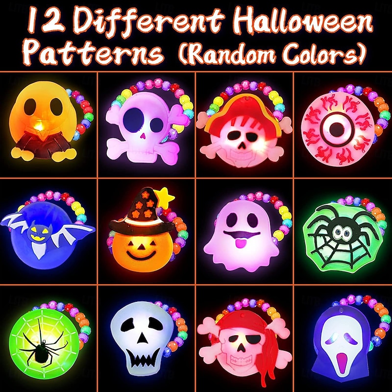 Halloween LED Bracelet Light Up Rings Halloween Toys Glow in The Dark Halloween Party Favors for Kids Adults LED Flash Bracelet Ghost Pumpkin Skeleton Best Gift 12 Pack
