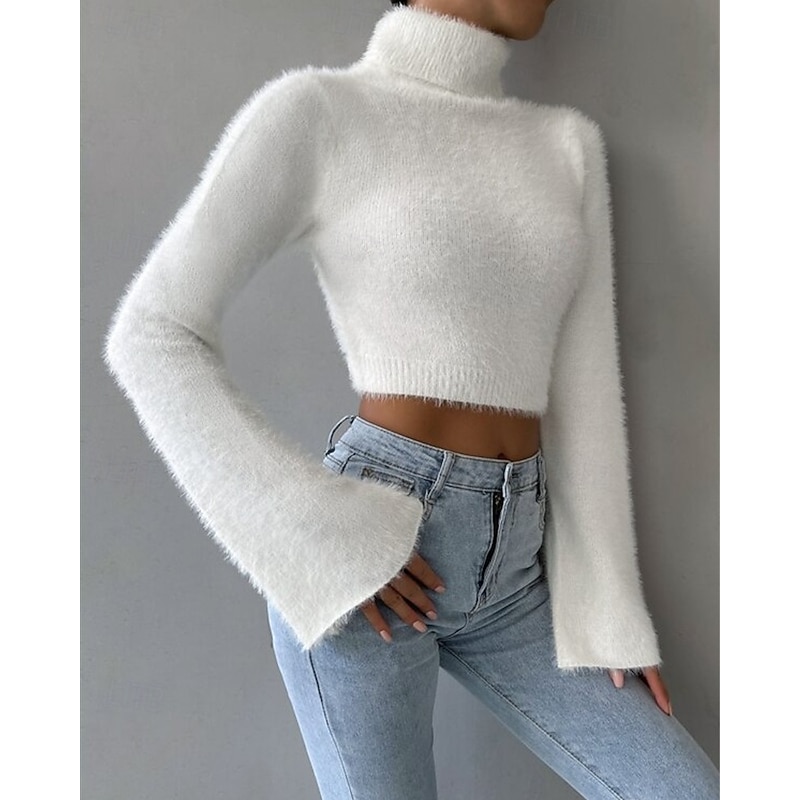 Women's Sweater Pullover Fashion Casual Solid Color Ribbed Turtleneck Knitted Long Sleeve Crop Tops Knit Outdoor Daily Weekend Black White Fall Winter4