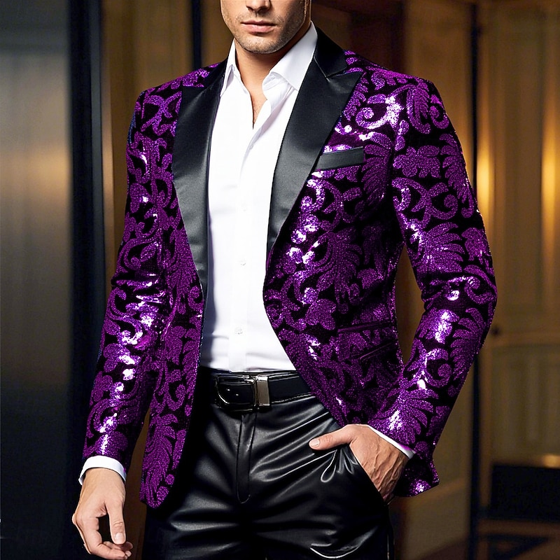 Men's Blazer Jacket Closure collar Fashion Floral Blazer Red Blue Purple Slim Fit Single Breasted One-button