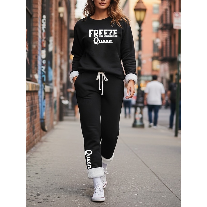 Women's Elegant Warm Fashion Two Piece Sets Tracksuit Pants Sets Long Sleeve Bishop Sleeve Crew Neck Letter Print Outdoor Vacation Daily Black Pink Dark Pink Spring Regular Fit