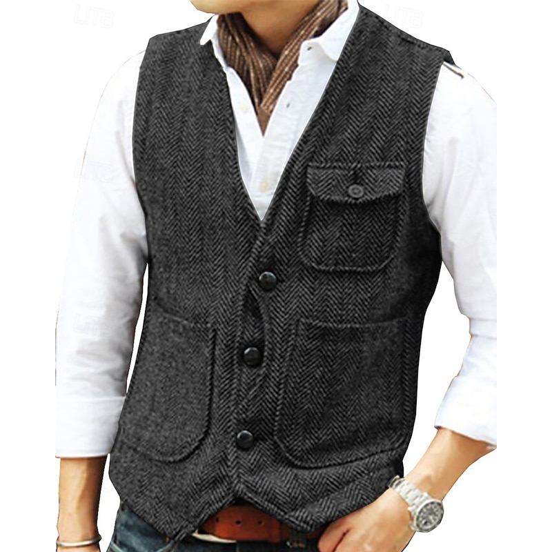 Men's Vest Waistcoat Gilet Vacation Party Business Fashion Casual Spring Fall Pocket Buttons Polyester Comfortable Plain Single Breasted One-button V Neck Regular Fit Silver Black Champagne Wine Vest