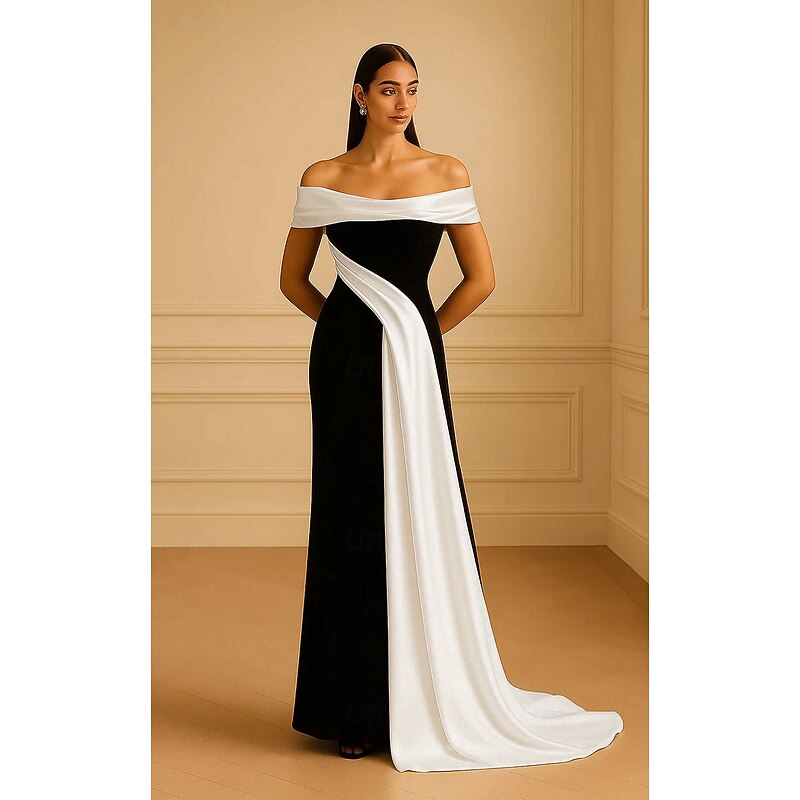 Black and White Mermaid / Trumpet Evening Gown Elegant Formal Dress Formal Wedding Sweep / Brush Train Sleeveless Off Shoulder Satin with Pleats 2025