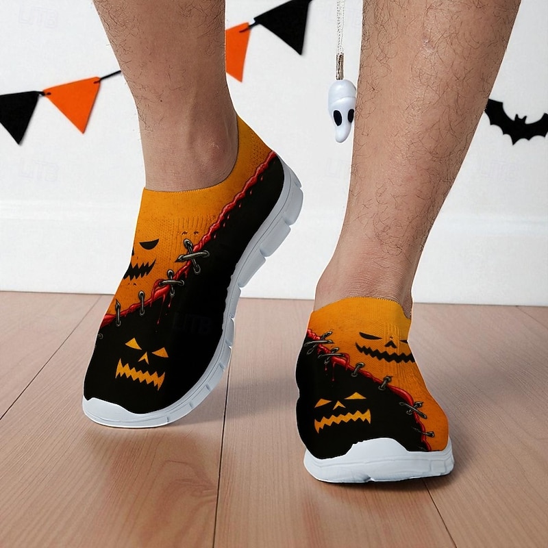 Men's Halloween Pumpkin Face Sneakers – Lightweight Breathable Slip-On Running Shoes for Party and Casual Wear3