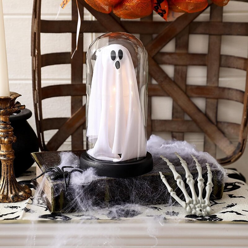 1Pack Halloween Decor-Halloween Decorations Indoor-Light Up Ghost in Plastic Cloche-Cute Ghost with Light for Home Kitchen Mantel Tabletop Party Decor and Holiday Decorations3