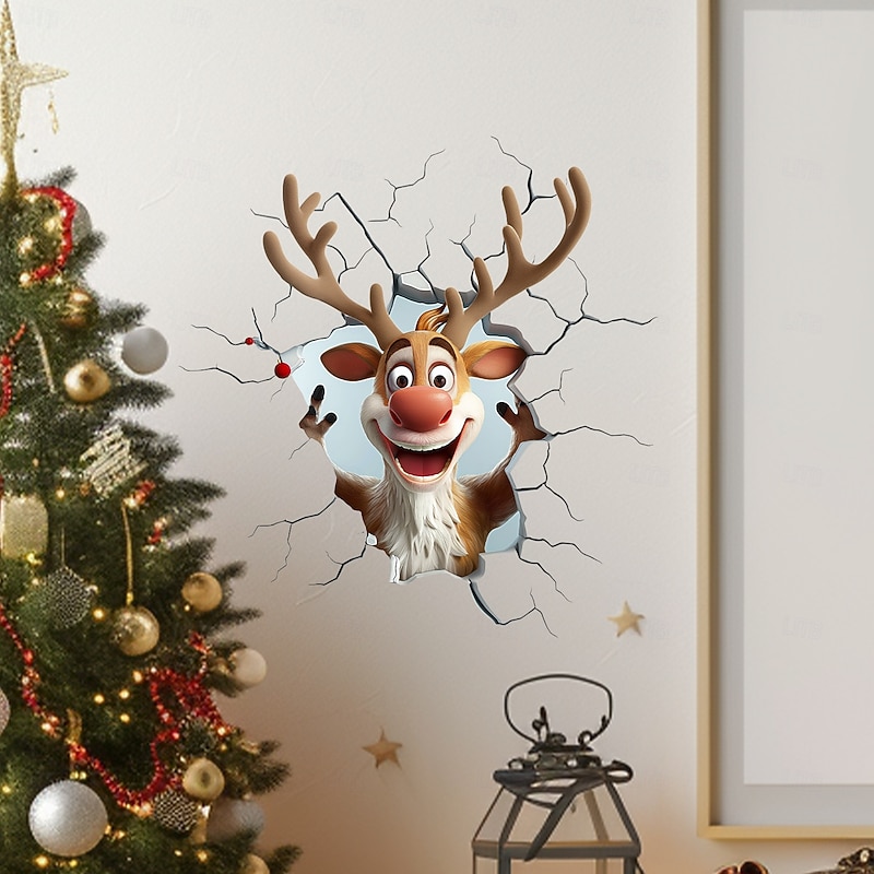 Christmas Sticker Wall Decals Creative 3D Broken Wall Cartoon Reindeer Removable Vinyl Mural Holiday Party Background Living Room Home Decoration For Christmas Festival Atmosphere
