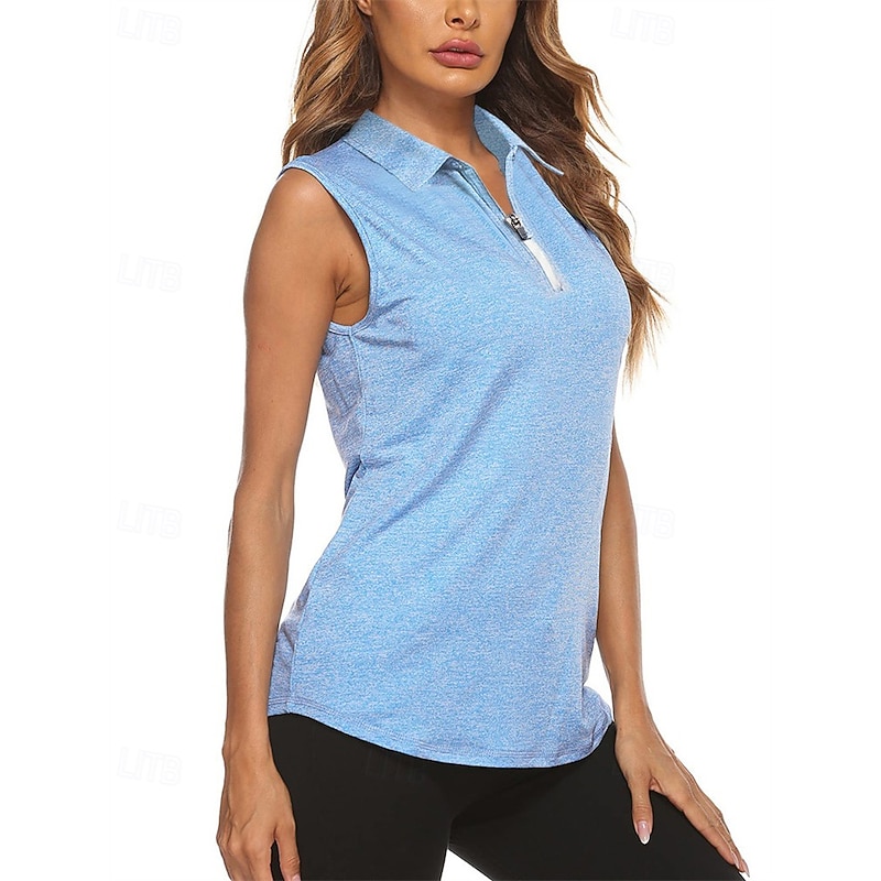 Women's Solid Colored Sport Shirt Golf Polo Shirt Tennis Shirt Sleeveless Zipper High Elasticity Moisture Wicking Breathable Tennis Golf Pickleball Turndown Zip Collar Shirt Top Sky Blue Green Dark