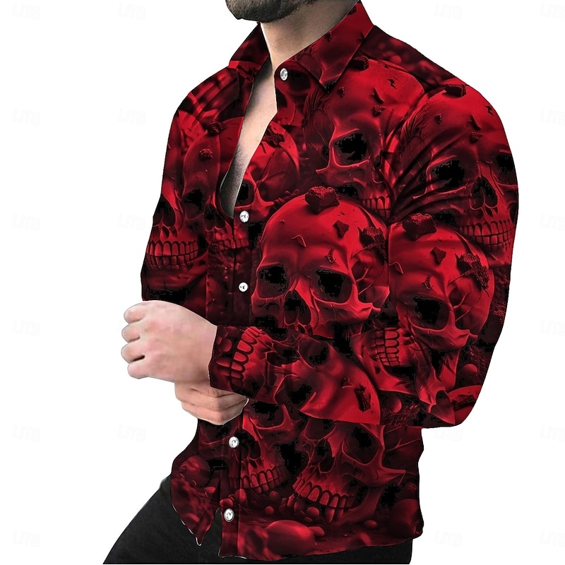 Halloween Men's Skulls Shirt Summer Shirt Beach Shirt Long Sleeve Hawaiian Casual Horror Vacation Street Hawaiian Spring &  Fall Lapel Print Black 1 Black Red Gray Black 22