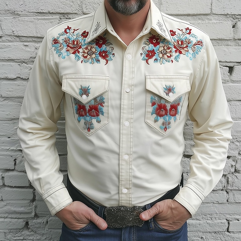 Men's Floral Print Flowers Shirt Western Shirt Cowboy Shirt Long Sleeve Vintage Retro Outdoor Casual WorkWear Spring Fall Turndown Front Two Pockets Linen Like Shirt Button Up Shirts Yellow Pink Blue - Main Image