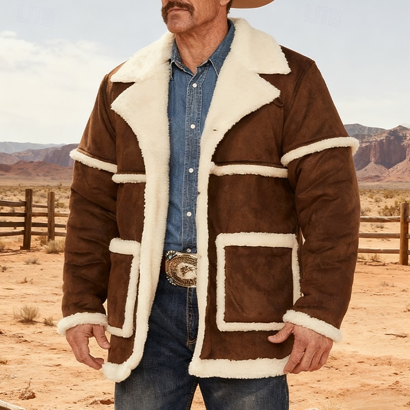 Men's Faux Suede Jacket Winter Jacket Sherpa Jacket Vacation Daily Thermal Warm Pocket Fleece Winter Color Block Fashion Streetwear Lapel Regular Khaki Coffee Jacket2