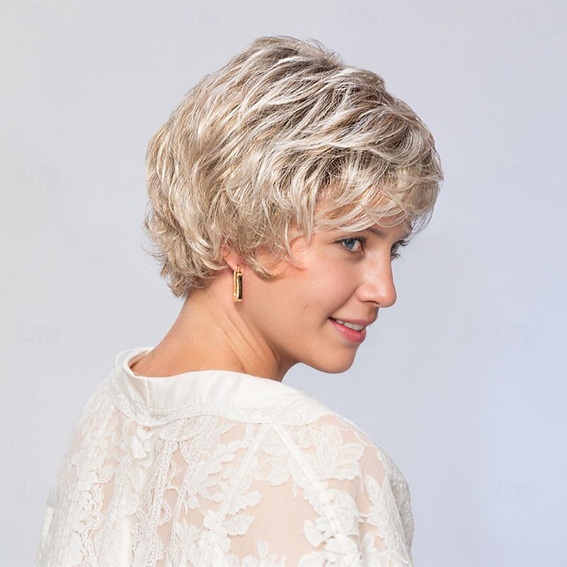 Women’s Silver Blonde Mix Short Layered Wig with Bangs Natural Looking Realistic Synthetic Hair Heat Resistant Elegant Daily Wear Fashion Style3