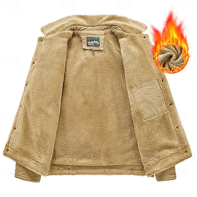 Men's Cow Print Fleece Jacket Cargo Jacket Sherpa Jacket Thermal Warm Vintage Casual Outdoor Home Multiple Pockets Cotton Jackets Winter Coats Fall Winter Fleece Turn-Down Collar Long Sleeve khaki4