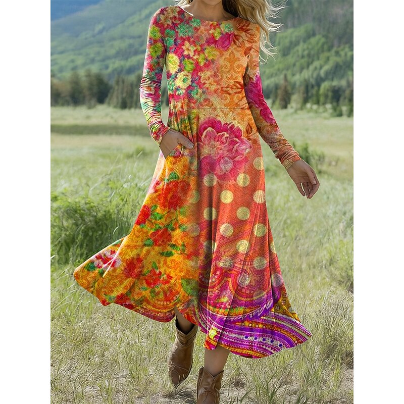 Women's Midi Dress A Line Dress Fit And Flare Dress Vacation Casual Daily Regular Fit Floral Graphic Long Sleeve Crew Neck Pink Red Orange Rainbow Spring Fall Winter2