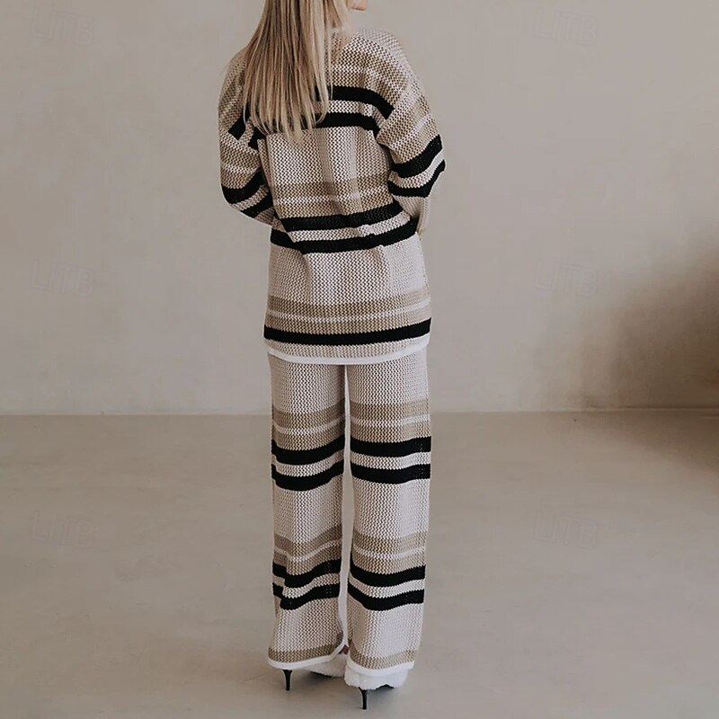 Women's Sweater Sweater Set Streetwear Casual Striped V Neck Knitted Long Sleeve Regular Tops Knit Outdoor Daily Holiday Khaki Fall Winter3